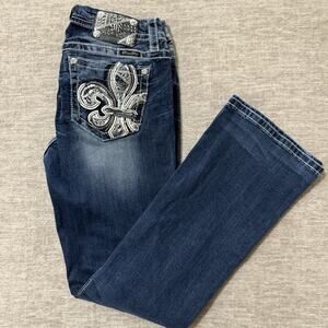 Miss Me Jeans Mid Rise Easy Boot Cut Women's Western Rodeo Cowgirl Fleur-de-Lis